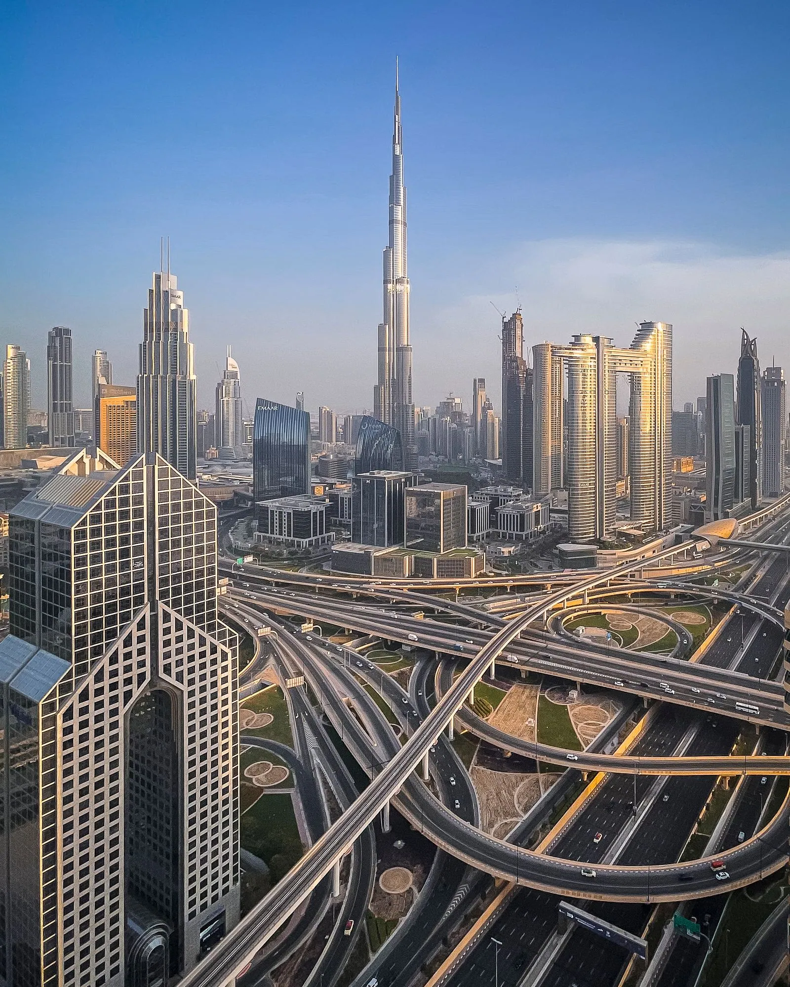 Aerial view of the Gulf skyline at sunset